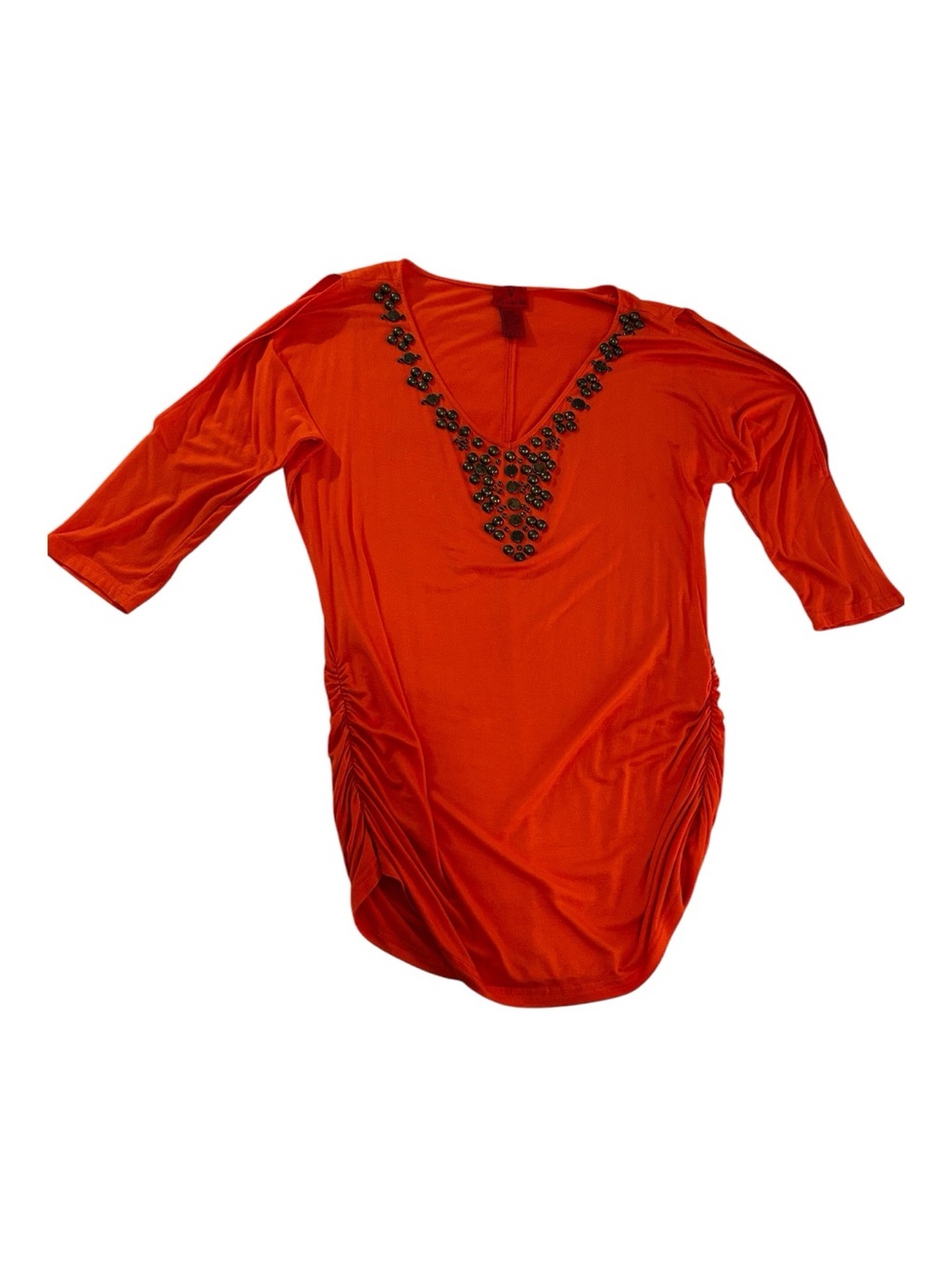 Orange Embellished V-Neck Tunic with Ruched Sides and Cut-Out Sleeves
